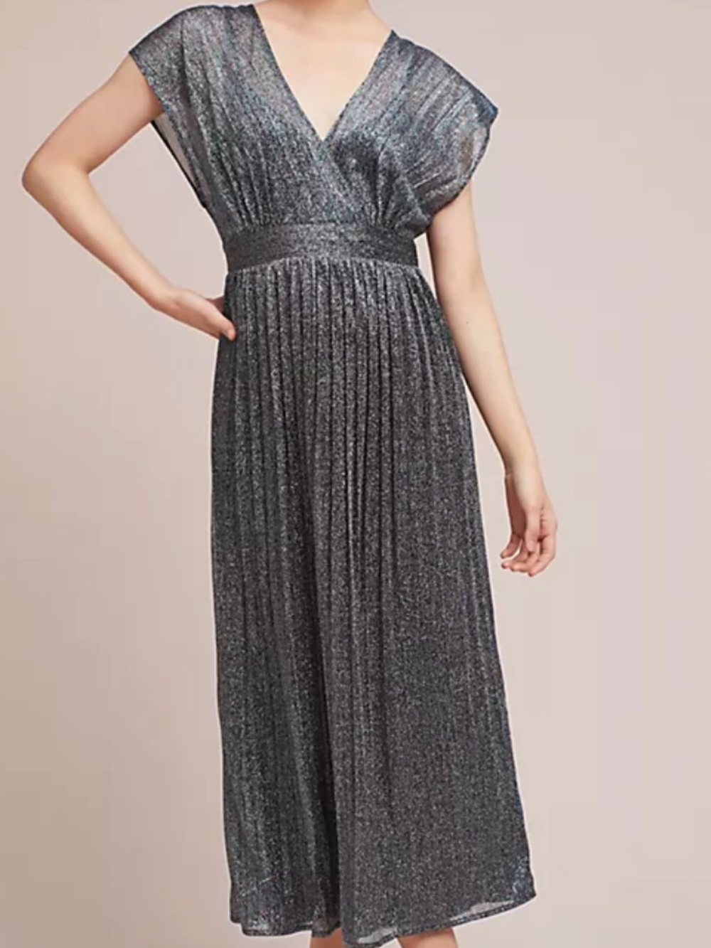 Anthropologie Moulinette Soeurs Silver Metallic Pleated V-Neck Maxi Dress